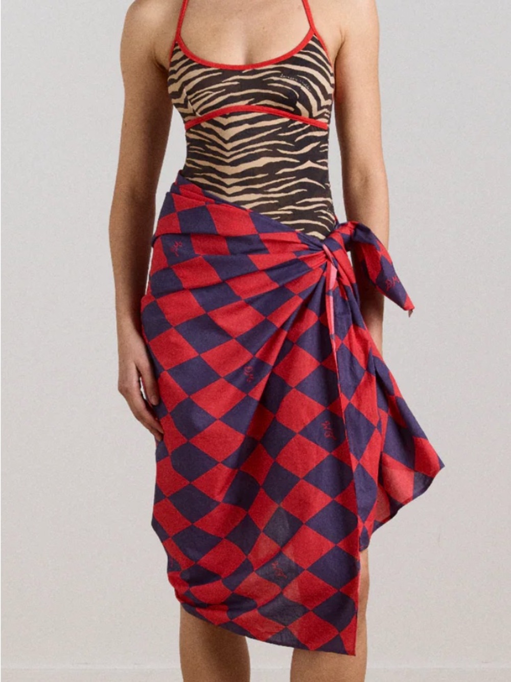 Red and Navy Checkered Sarong Wrap